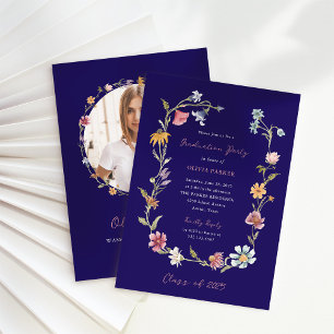 Invitation Fleur sauvage de la couronne bleu foncé Boho Fête 