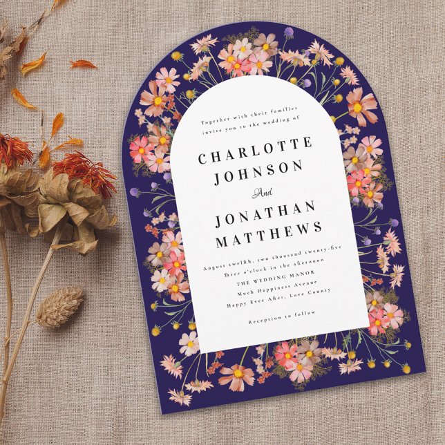 Invitation Fleur sauvage de la marine Bleu Boho Automne Arch  (Navy blue boho rustic floral arch fall wedding invitation Watercolor wildflowers elegant modern )