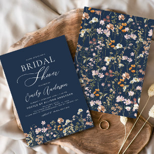 Invitation Fleur sauvage de la marine Bleu Boho Script Fête d