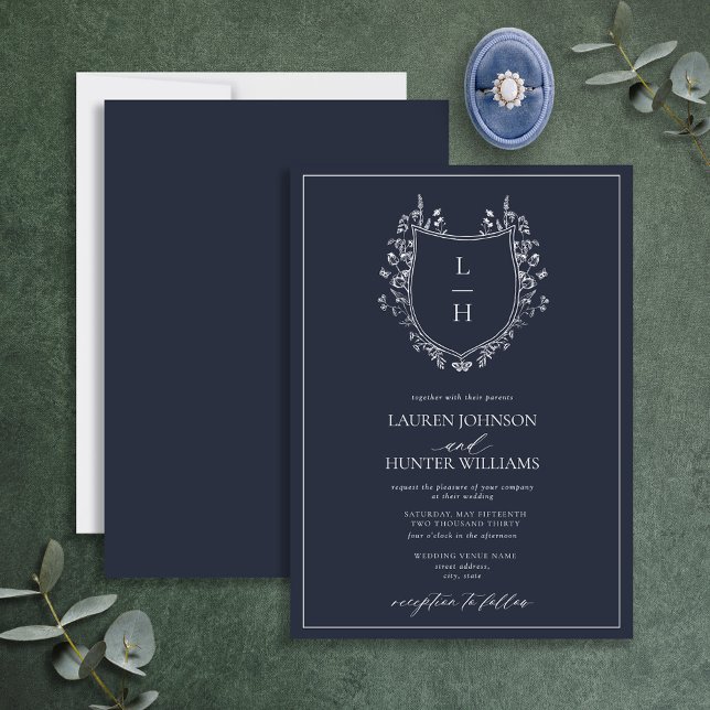 Invitation Fleur sauvage de la marine classique Monogram Cres (Créateur téléchargé)