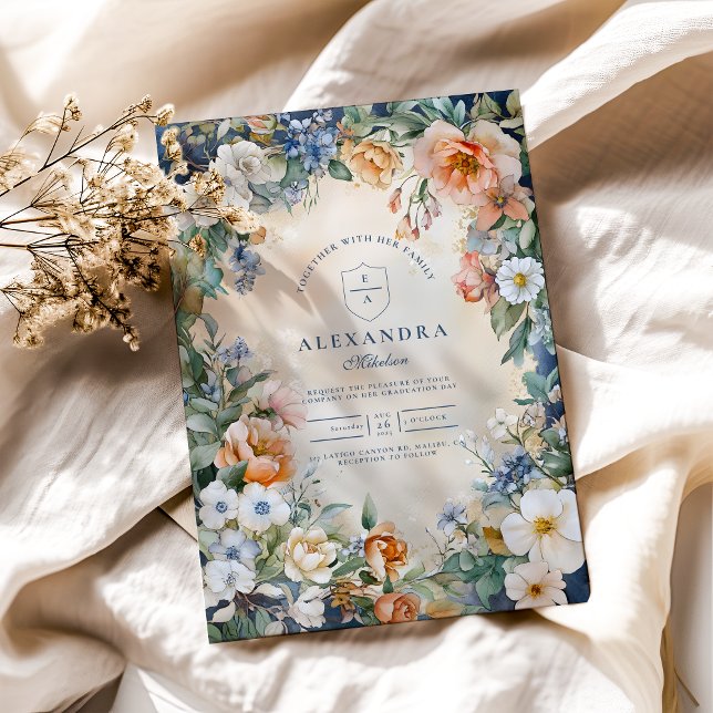 Invitation Fleur sauvage de la Marine Meadow Garden Graduatio (Créateur téléchargé)