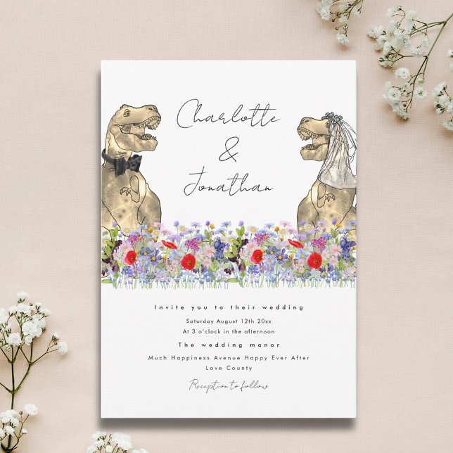 Invitation Fleur sauvage de mariée et de chambre Dinosaur (Dinosaur theme wildflower wedding invitation with watercolor florals & fun dinosaur bride and groom)