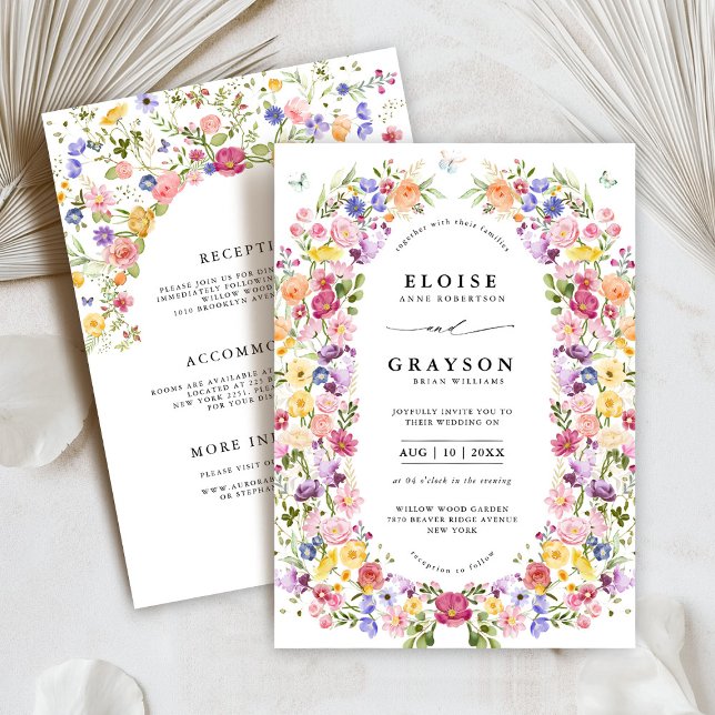 Invitation Fleur sauvage de printemps coloré Meadow Garden Ma (Colorful Spring Wildflower Meadow Garden all in one Wedding Invitation with details on back)