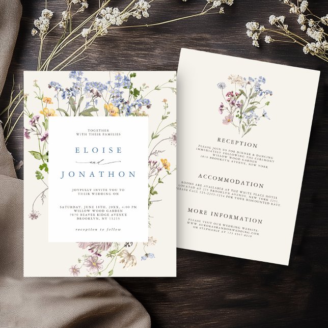 Invitation Fleur sauvage de printemps Meadow Garden Détails M (Colorful Spring Wildflower Meadow Garden All in one Wedding invitation with details on back)