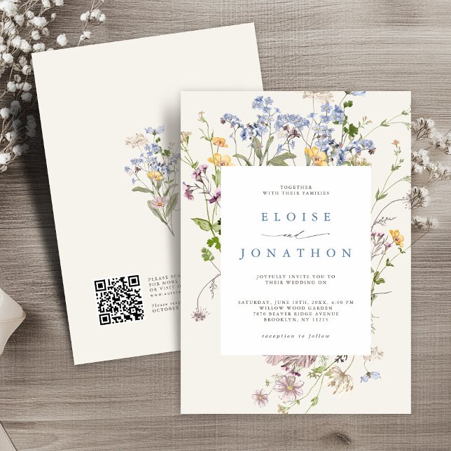 Invitation Fleur sauvage de printemps Meadow Garden QR Code M (Spring Wildflower Meadow Garden QR Code Wedding Invitation)