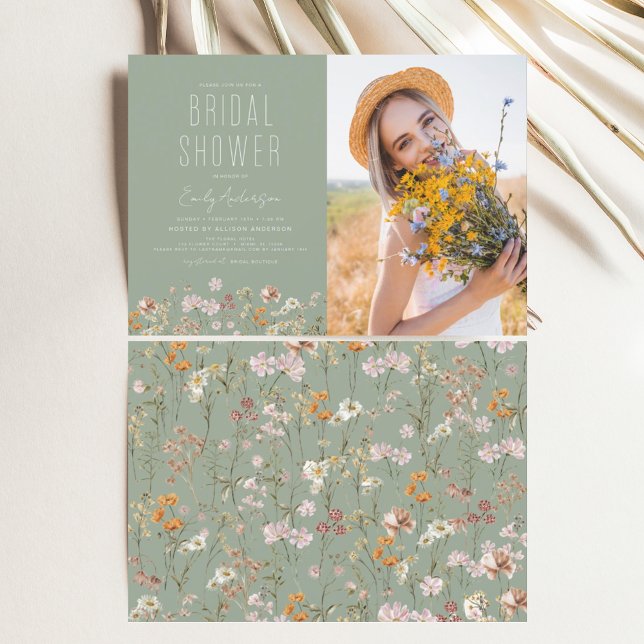 Invitation Fleur sauvage de Sage Green Boho Photo (Créateur téléchargé)