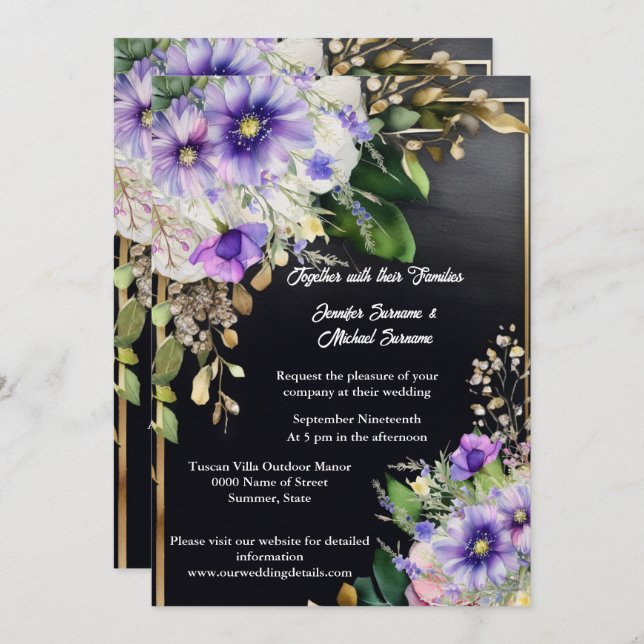 Invitation Fleur sauvage d'été élégant noir violet aquarelle (Devant / Derrière)
