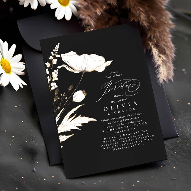Invitation Fleur sauvage d'or noir Elegant Fête des mariées c (Wildflowers Black Bridal Shower Invitations)