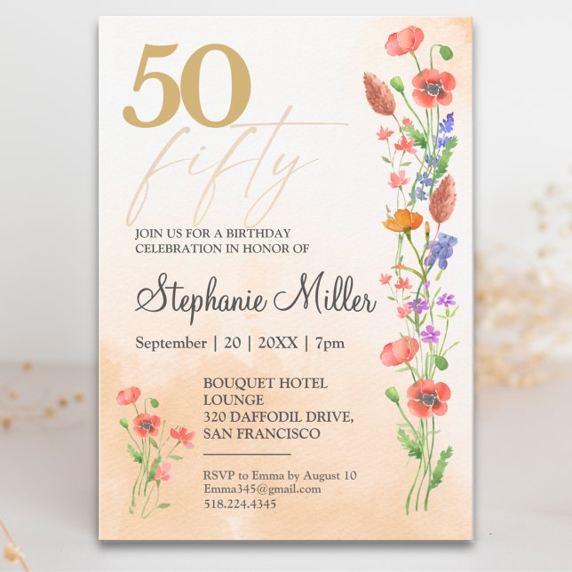 Invitation Fleur Sauvage Douce 50e Anniversaire Pour Elle (Créateur téléchargé)