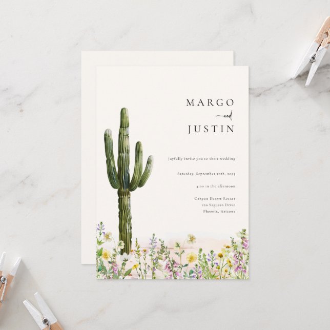 Invitation Fleur sauvage du désert Cactus Mariage (Devant/Arrière en situation)