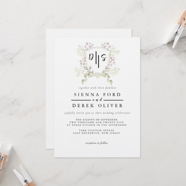 Invitation Fleur sauvage Dusky Monogram Crest Mariage (Devant/Arrière en situation)