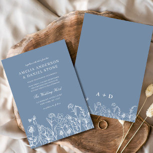 Invitation Fleur sauvage Dusty Bleu Botanique Monogramme Mari