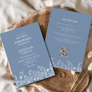 Invitation Fleur sauvage Dusty Blue Botanical QR Code Mariage