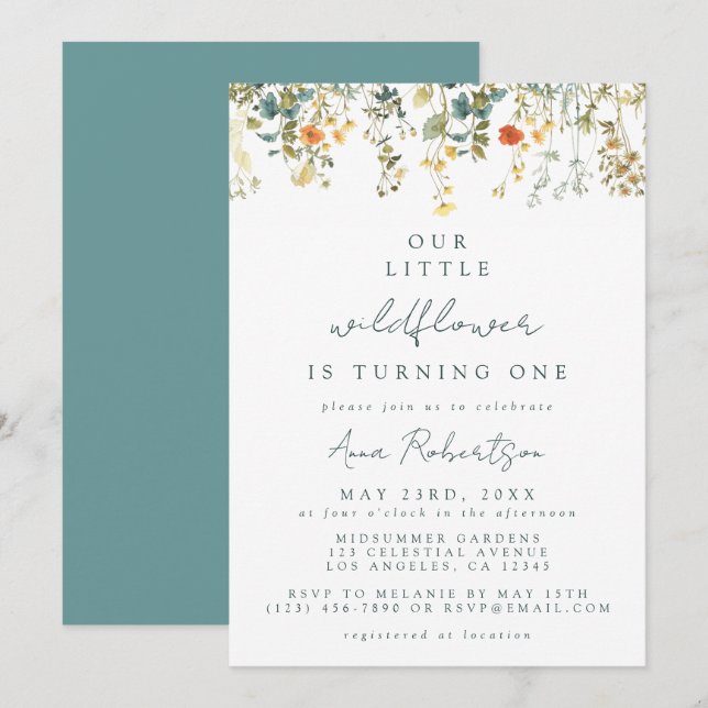 Invitation Fleur sauvage élégant 1er anniversaire (Devant / Derrière)