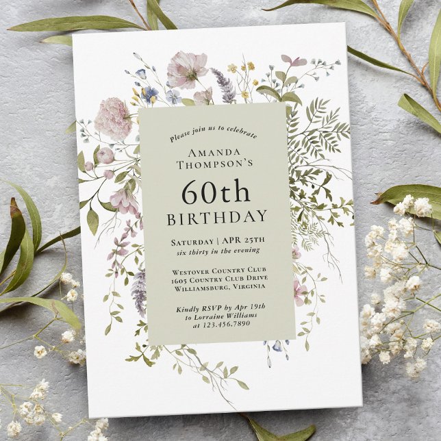 Invitation Fleur sauvage Élégant Botanique 60e anniversaire (Créateur téléchargé)