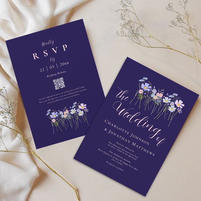 Invitation Fleur Sauvage Élégante Bleu Marine Rose Pâle Code  (Modern wildflower boho watercolor floral navy blue blush pink wedding qr code invitation)