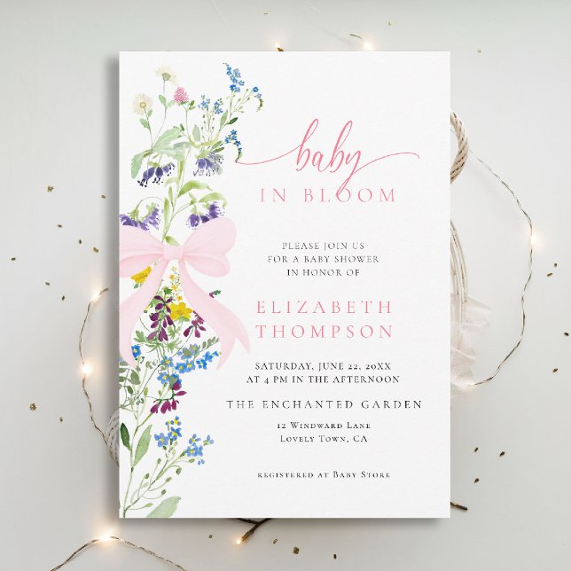 Invitation Fleur sauvage en Fleur Pink Bow Girl Baby shower (wildflowers baby shower invitation in bloom elegant pink bow garden party watercolor modern)