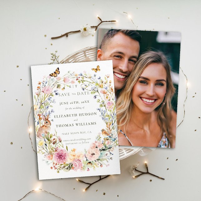 Invitation Fleur sauvage enchanté  Chic Mariage photo Date de (wildflowers wedding save the date photo enchanted garden woodland forest butterfly rabbit fairytale)