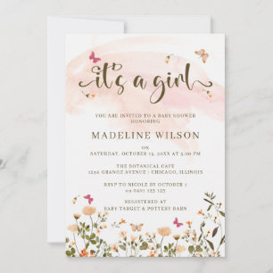 Invitation Fleur sauvage et papillons Baby shower élégant
