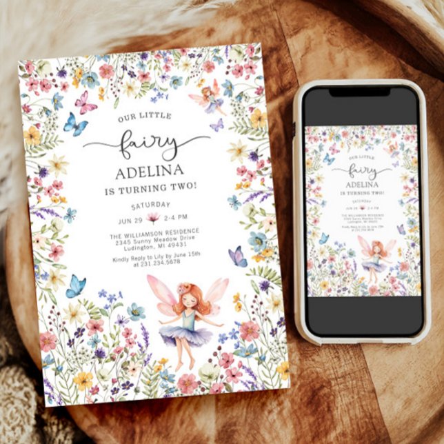 Invitation Fleur sauvage Fairy Butterfly 2nd Birthday Invitat (Wildflower Fairy Butterfly Birthday Invitation)