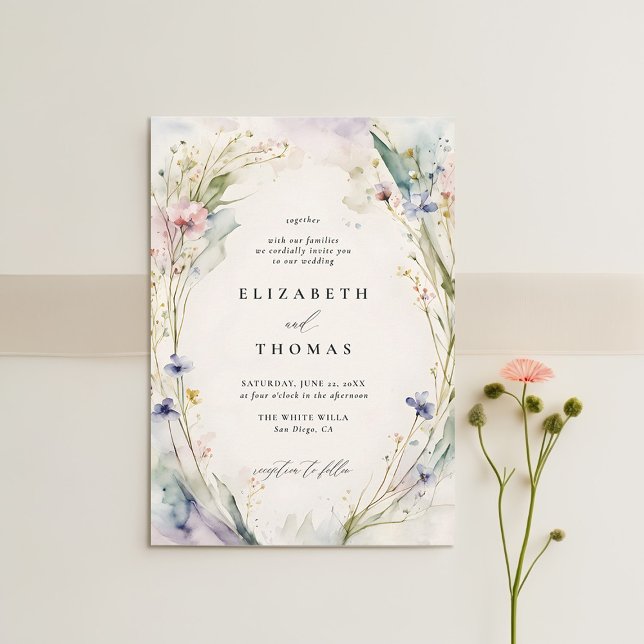 Invitation Fleur sauvage Fête Romantique Elegant Ecru Mariage (wildflower wedding theme invitation watercolor ecru garden modern classic elegant spring summer)