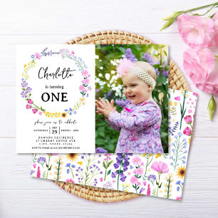 Invitation Fleur sauvage fille 1er anniversaire photo florale