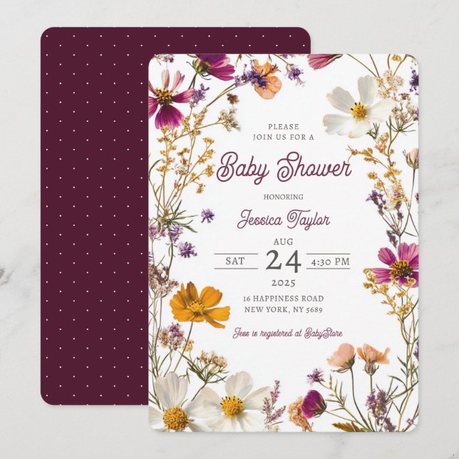 Invitation Fleur sauvage Fille Jaune violet Baby shower (Devant / Derrière)