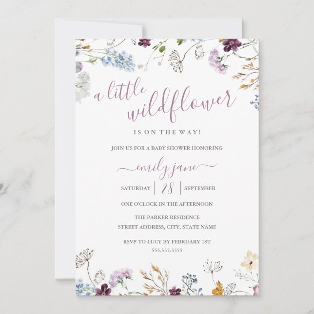 Invitation Fleur Sauvage Fleur Nature Violet Baby Shower  (Devant)