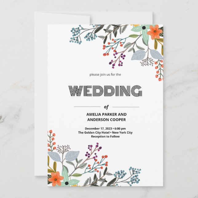 Invitation Fleur sauvage Fleurs de couronnes Mariage d'aquare (Devant)