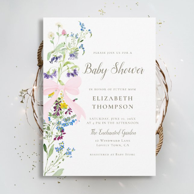 Invitation Fleur sauvage Fleurs douces Baby shower de fille d (wildflowers baby shower invitation pink bow elegant garden party colorful happy watercolor boho)