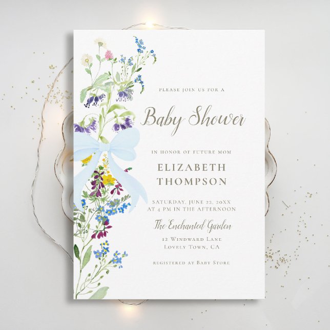 Invitation Fleur sauvage Fleurs douces Bleu Bow Baby shower g (wildflowers baby shower invitation blue bow elegant garden party colorful happy watercolor rustic)