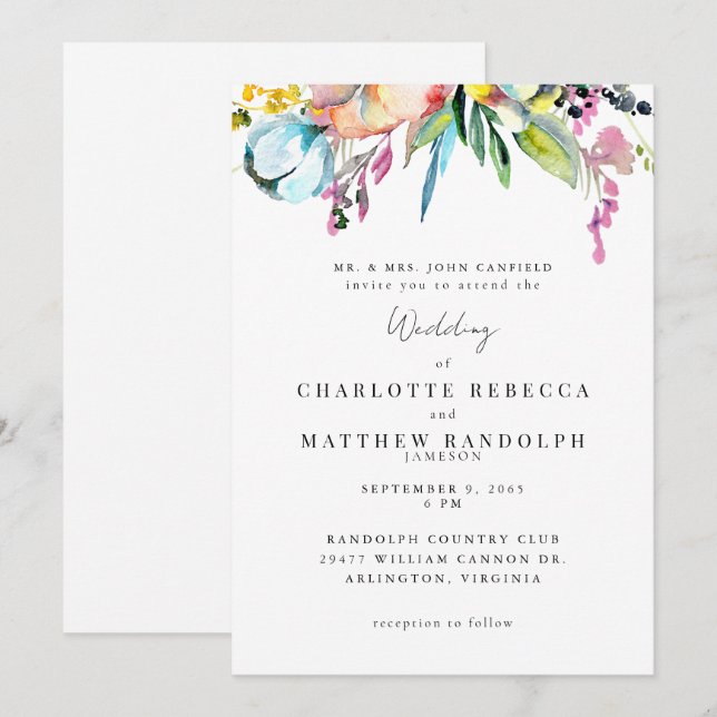 Invitation Fleur Sauvage Fleurs Multicolores Mariage Parents  (Devant / Derrière)