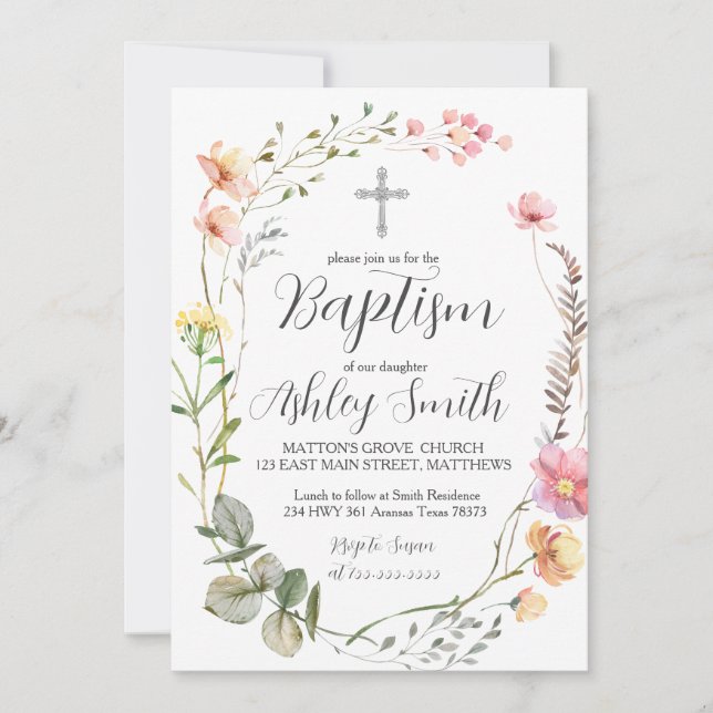 Invitation fleur sauvage Floral BAPTISM (Devant)