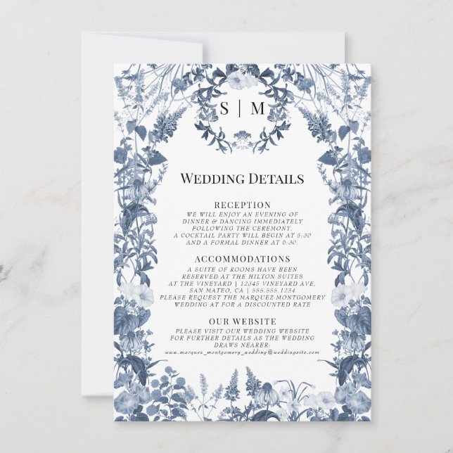 Invitation Fleur sauvage Floral bleu et blanc Détails du Mari (Devant)