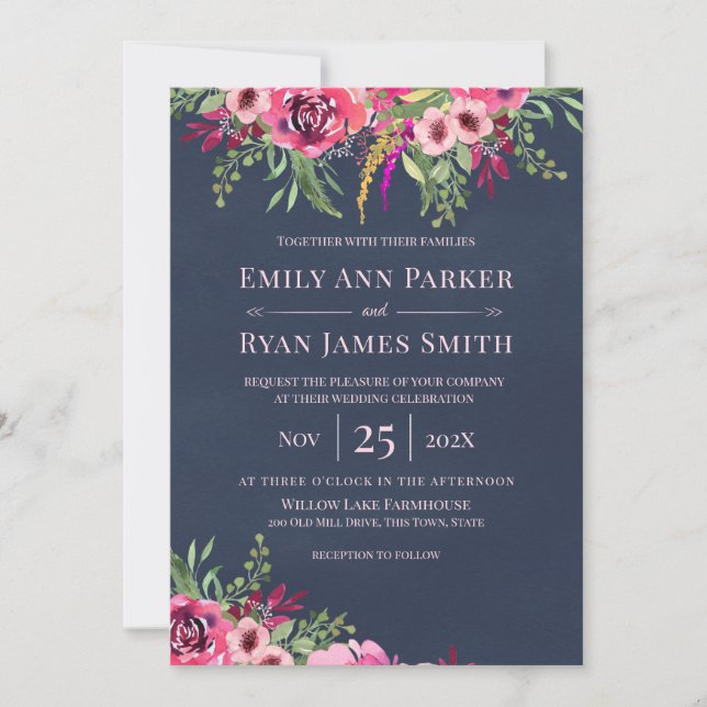 Invitation Fleur sauvage floral Bouquet Marine Blue Invitatio (Devant)