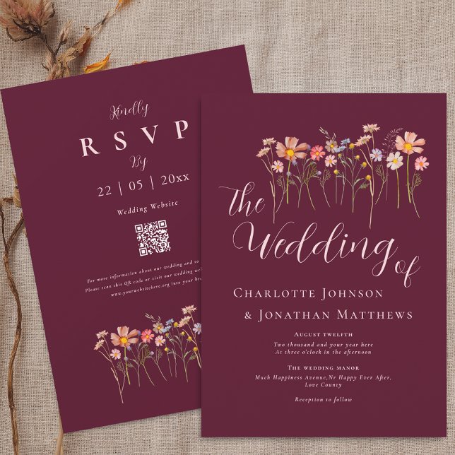 Invitation Fleur Sauvage Floral Bourgogne Rose Clair Code QR (Wildflower floral burgundy & blush pink Wedding qr code invitation watercolor flowers Fall colors)
