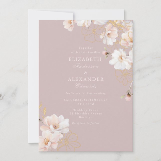 Invitation Fleur sauvage floral enchanté Mariage rose (Devant)
