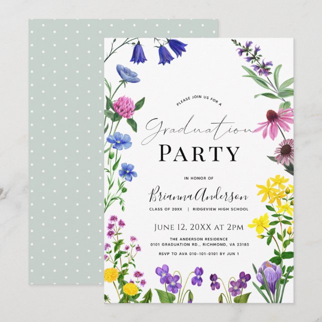 Invitation Fleur sauvage Floral Graduation Party (Devant / Derrière)