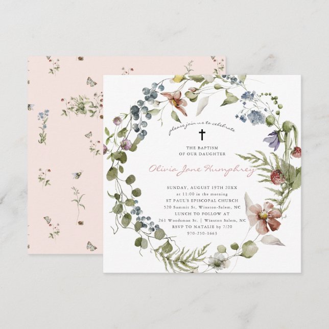 Invitation Fleur sauvage Floral Printemps Été Baptême  (Devant / Derrière)