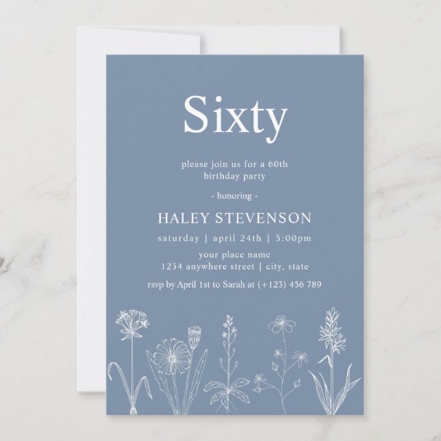 Invitation Fleur sauvage Floral Soixante Dusty Blue 60e anniv (Devant)