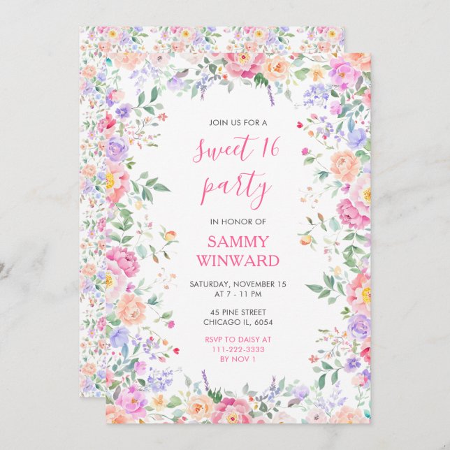 Invitation Fleur sauvage Floral Sweet sixteen d'été (Devant / Derrière)