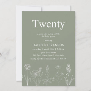 Invitation Fleur sauvage Floral Vingt Sage Vert 20e anniversa