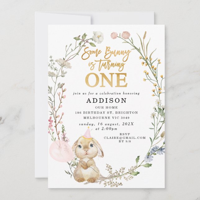 Invitation Fleur sauvage Floral Wreath Un lapin Anniversaire (Devant)
