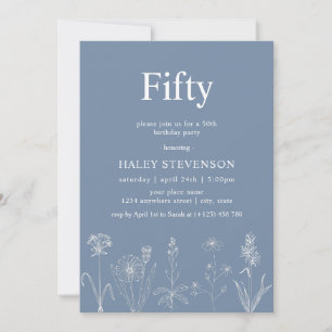 Invitation Fleur Sauvage Florale Cinquante Bleu Poussiéreux 5