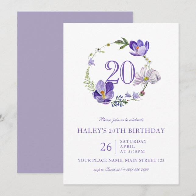 Invitation Fleur sauvage florale violette Anniversaire 20 ans (Devant / Derrière)