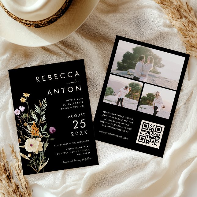 Invitation Fleur sauvage foncée 3 Collage photo Code QR Maria (Créateur téléchargé)
