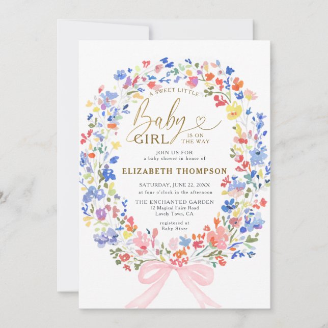 Invitation Fleur sauvage Garden Bow Sweet Baby Girl Douche (Devant)