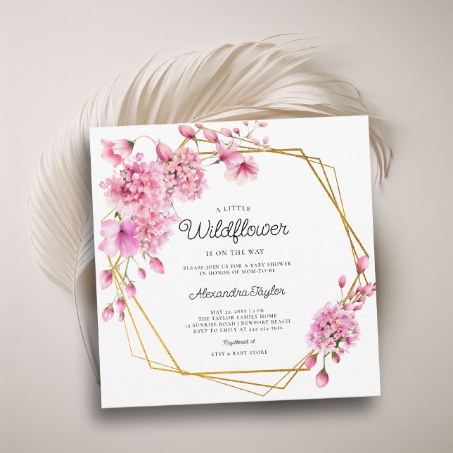 Invitation Fleur sauvage Gold Géométrique Printemps bébé fill (little wildflower baby girl shower invitation cottage garden watercolor pink gold hexagons boho chic)