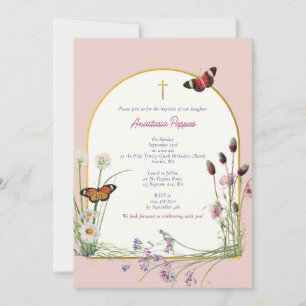 Invitation Fleur sauvage grec orthodoxe baptême rose