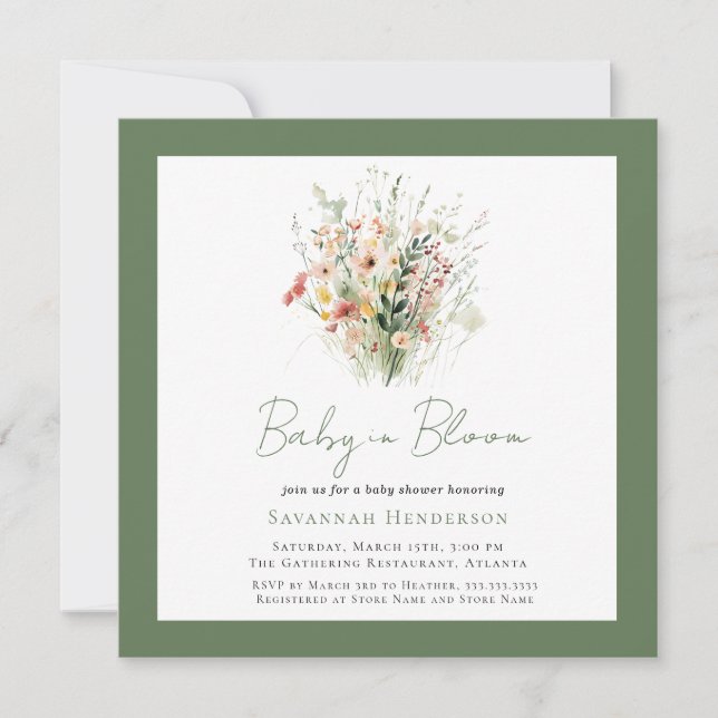 Invitation Fleur sauvage Green Garden Baby dans le Baby showe (Devant)